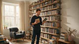 Man frustrated in front of his bookshelf, unable to decide what to read next