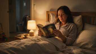 Woman reading in bed by lamplight, leaving the day behind for 30 minutes