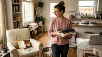 Woman holding folded laundry, glancing back at her book and armchair
