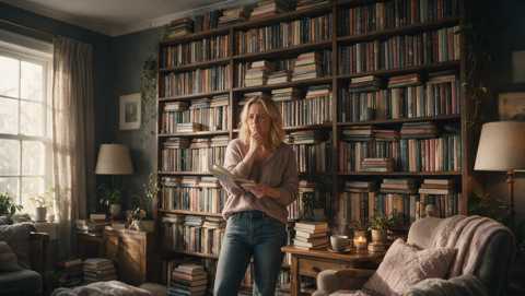 Woman sitting surrounded by piles of books, unable to choose what to read next
