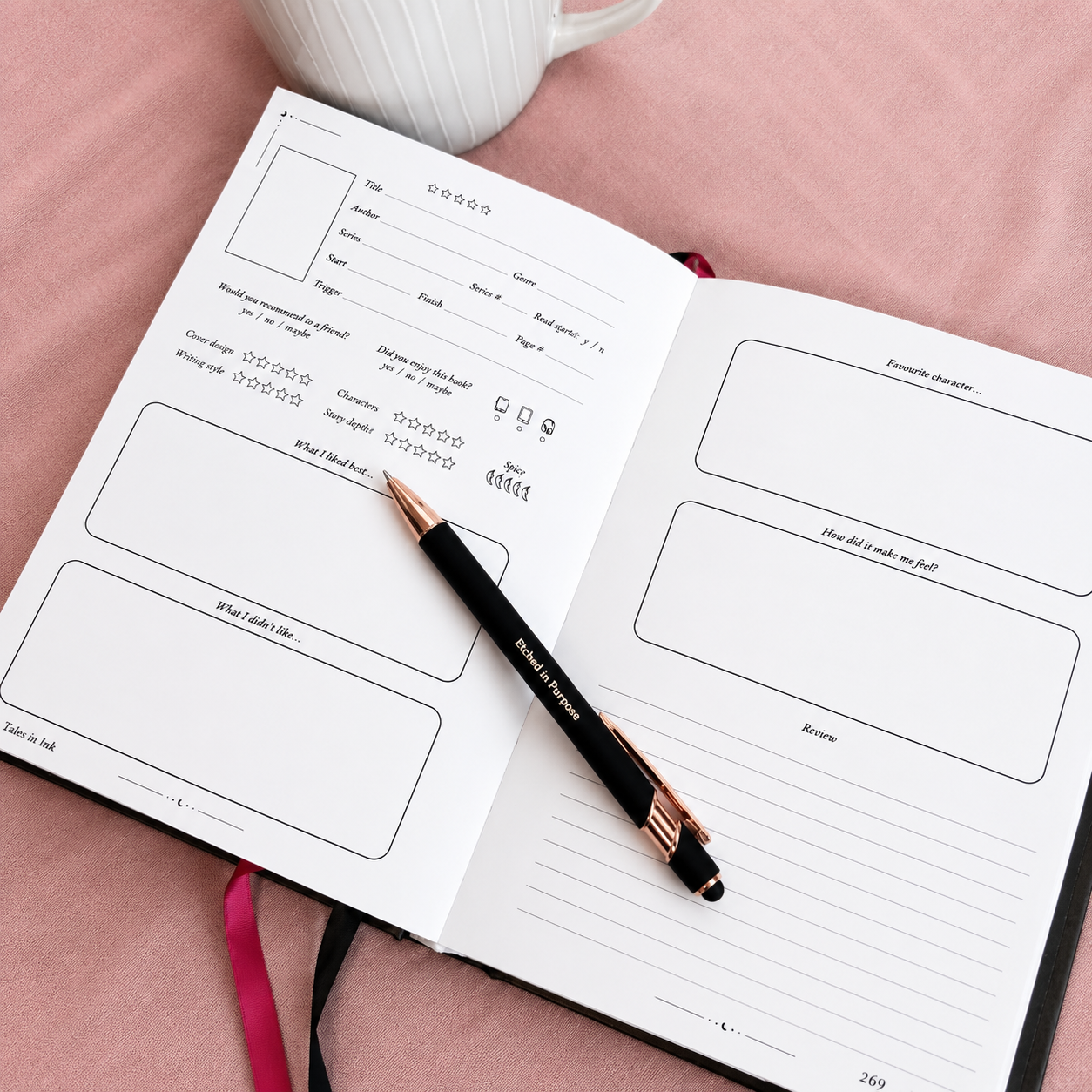 A5 Tales in Ink Reading Journal shown open on a table, a 240-page journal for readers