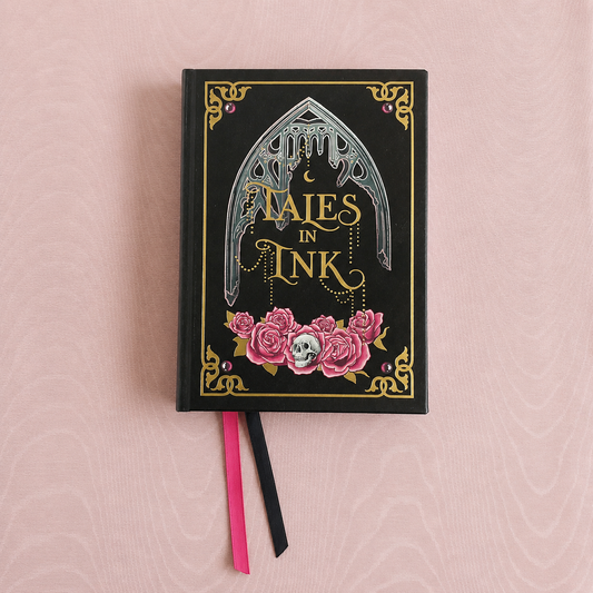 Tales in Ink Reading Journal front cover in charcoal vegan leather with gold foil detailing by JemCo Publications
